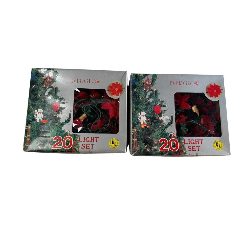 Everglow 20 Light Set Red Poinsettia Christmas Tree Lights Lot of 2 Vintage